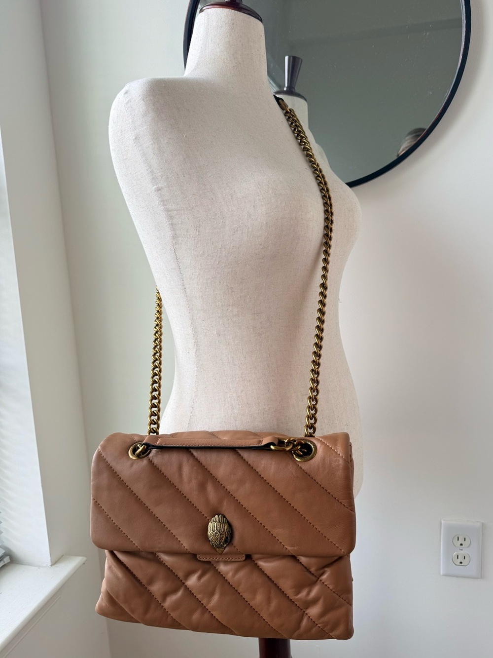 Kurt Geiger Quilted Leather Camel Brown Shoulder Bag with Gold Chain